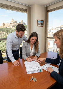 Pareja joven firmando el contrato de su hipoteca joven 2026 en una oficina bancaria