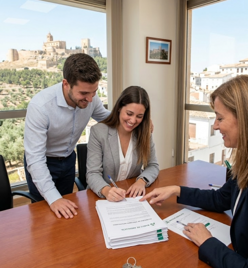 Pareja joven firmando el contrato de su hipoteca joven 2026 en una oficina bancaria
