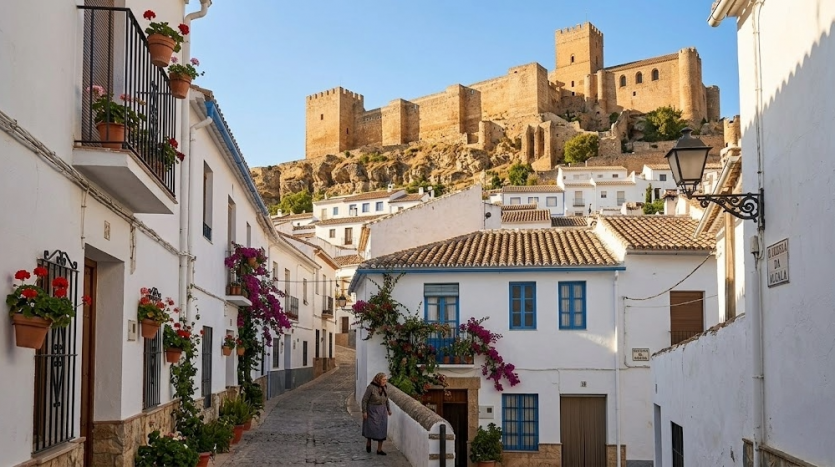 Casas blancas tradicionales en el casco histórico de Alcalá la Real con la Fortaleza de la Mota al fondo