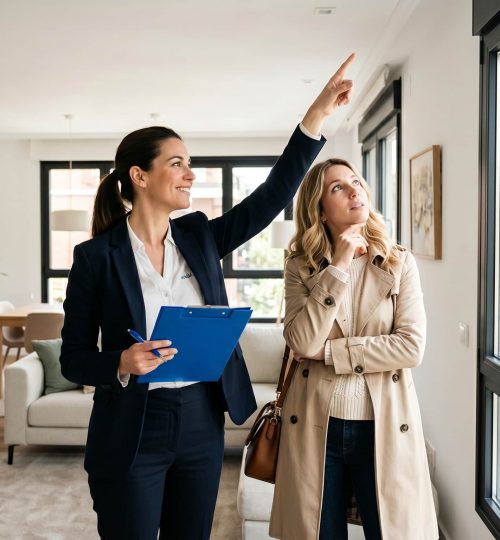 Agente inmobiliaria de Inmoalca asesorando a una compradora durante la visita a una casa para revisar detalles estructurales y luz natural antes de comprar.