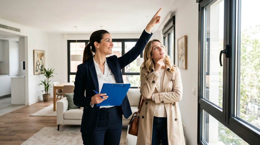 Agente inmobiliaria de Inmoalca asesorando a una compradora durante la visita a una casa para revisar detalles estructurales y luz natural antes de comprar.