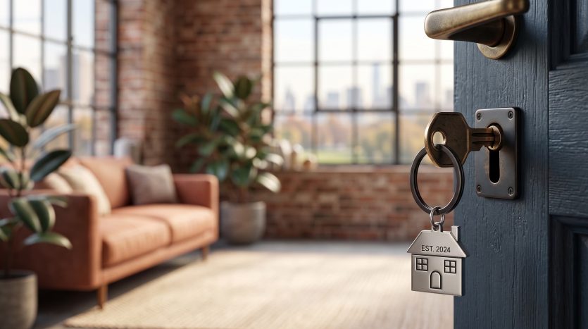 Primer plano de un inquilino abriendo con una llave la cerradura de puerta la vivienda alquilada