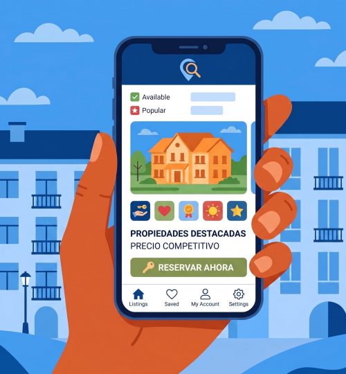 Ilustración de una mano sosteniendo un móvil con una aplicación de búsqueda de viviendas, representando la publicación en portales inmobiliarios.