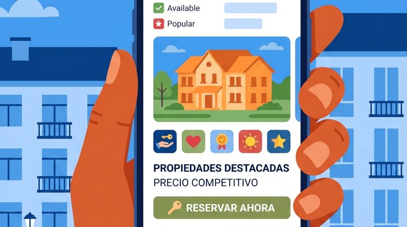 Ilustración de una mano sosteniendo un móvil con una aplicación de búsqueda de viviendas, representando la publicación en portales inmobiliarios.