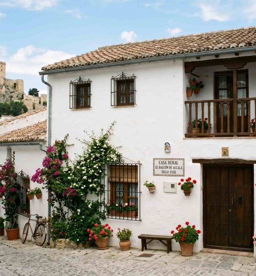 Fachada de casa rural tradicional blanca en una aldea de Alcalá la Real, Jaén.