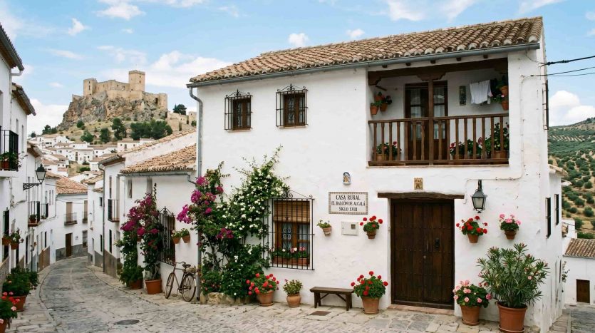 Fachada de casa rural tradicional blanca en una aldea de Alcalá la Real, Jaén.