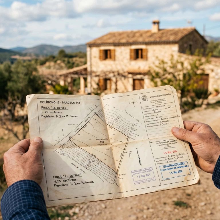 Persona revisando planos catastrales y escrituras frente a una vivienda rural para verificar la legalidad de los linderos y el AFO.