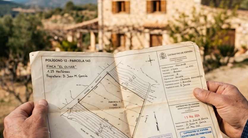 Persona revisando planos catastrales y escrituras frente a una vivienda rural para verificar la legalidad de los linderos y el AFO.
