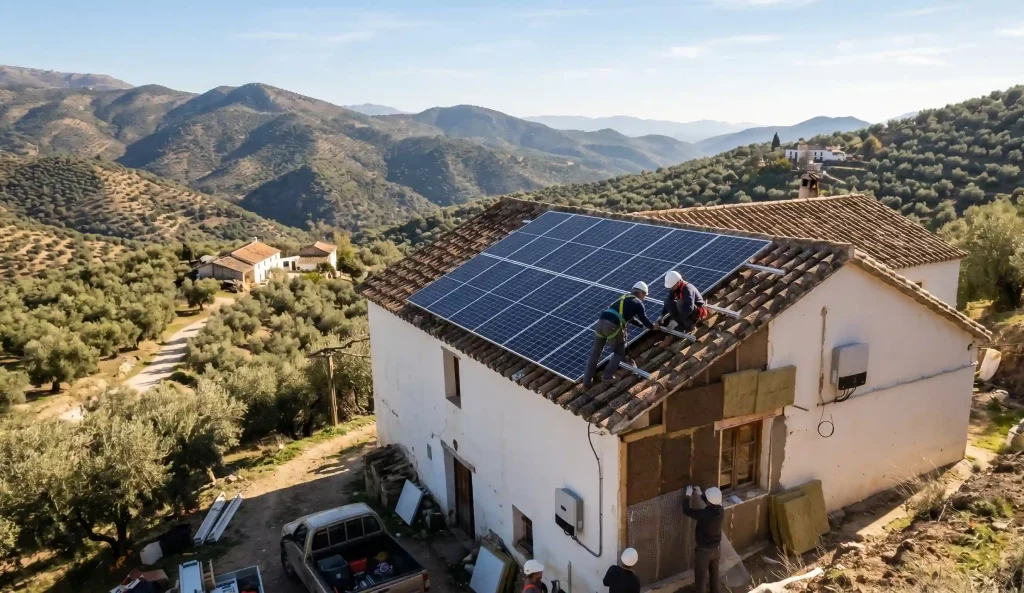 Instalación de paneles solares y aislamiento en vivienda de la Sierra Sur de Jaén.