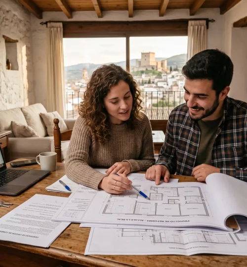 Pareja joven revisando planos de una casa de pueblo en Alcalá la Real para un contrato de opción a compra.