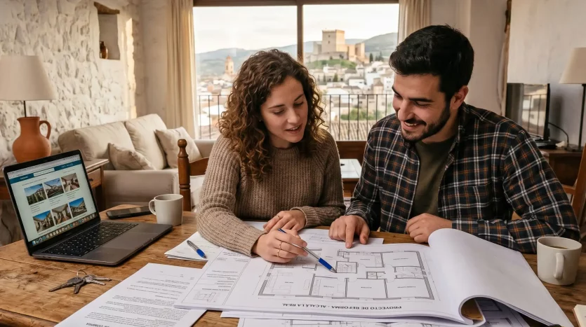 Pareja joven revisando planos de una casa de pueblo en Alcalá la Real para un contrato de opción a compra.