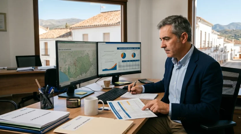 Experto de Inmoalca analizando datos del mercado inmobiliario en la Sierra Sur.
