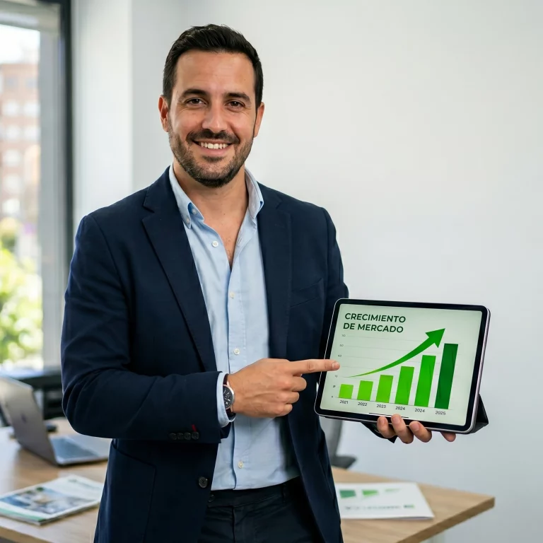Agente de Inmoalca en Jaén asesorando a un cliente con datos de crecimiento inmobiliario.