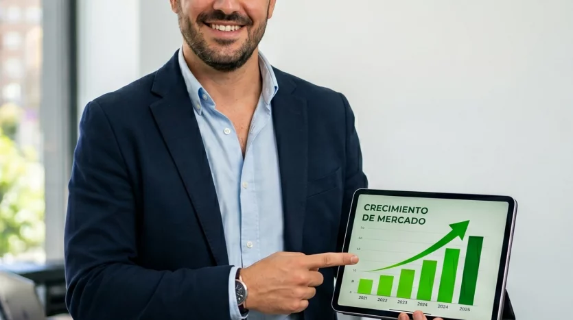 Agente de Inmoalca en Jaén asesorando a un cliente con datos de crecimiento inmobiliario.