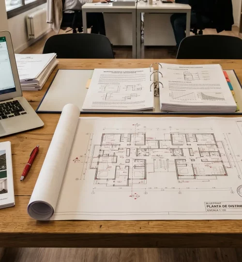Documentación técnica y planos sobre una mesa de la inmobiliaria Inmoalca en Alcalá la Real.