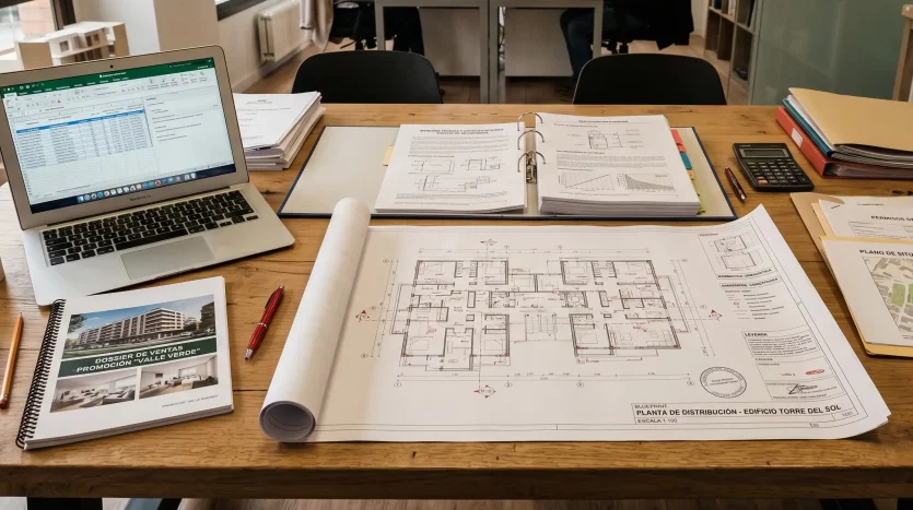Documentación técnica y planos sobre una mesa de la inmobiliaria Inmoalca en Alcalá la Real.
