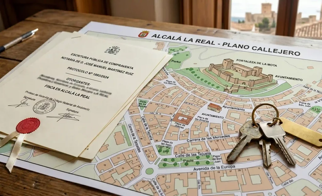 Documentos notariales y llaves de una casa sobre un plano de Alcalá la Real.