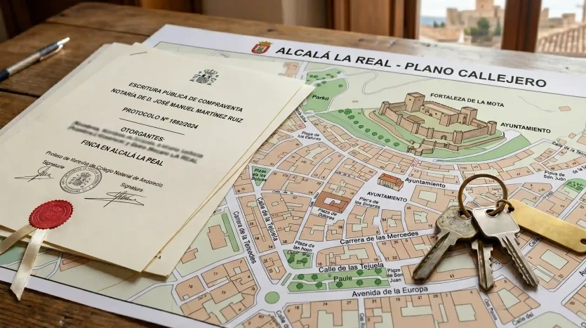 Documentos notariales y llaves de una casa sobre un plano de Alcalá la Real.