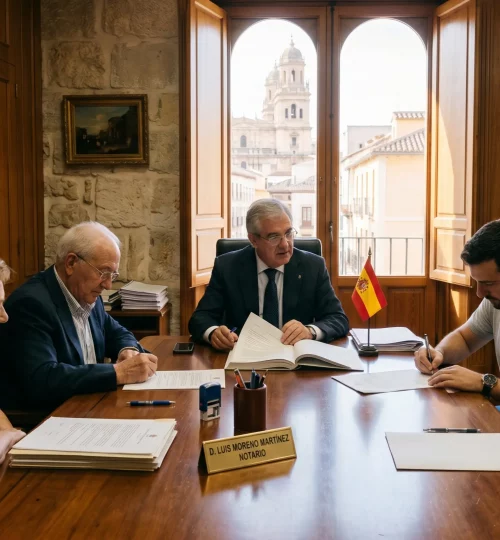 Interior de una notaría en Jaén durante la firma de una compraventa inmobiliaria.