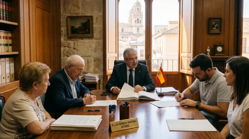 Interior de una notaría en Jaén durante la firma de una compraventa inmobiliaria.