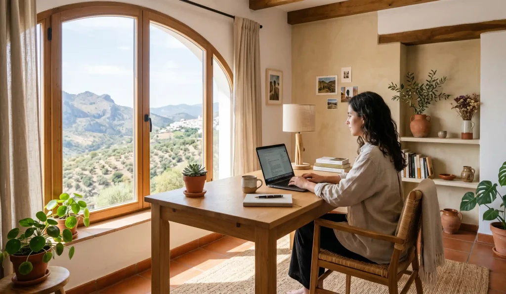 Zona de escritorio y luz natural en una vivienda de la Sierra Sur, tendencia