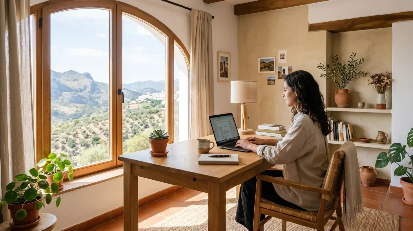 Zona de escritorio y luz natural en una vivienda de la Sierra Sur, tendencia