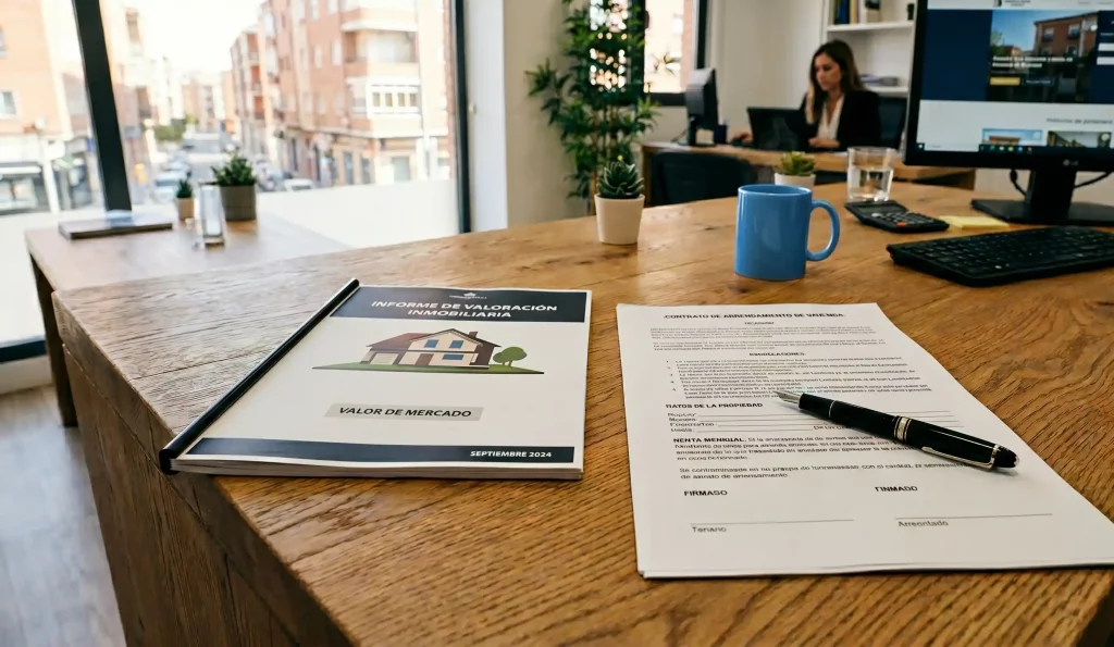 Informe de valoración y contrato de alquiler sobre una mesa de oficina profesional.