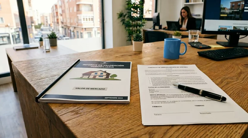 Informe de valoración y contrato de alquiler sobre una mesa de oficina profesional.
