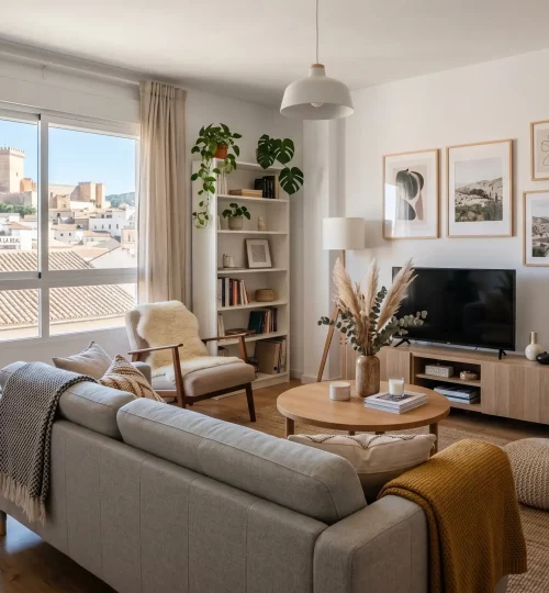 Salón moderno decorado con estilo nórdico en un piso de alquiler en Alcalá la Real.