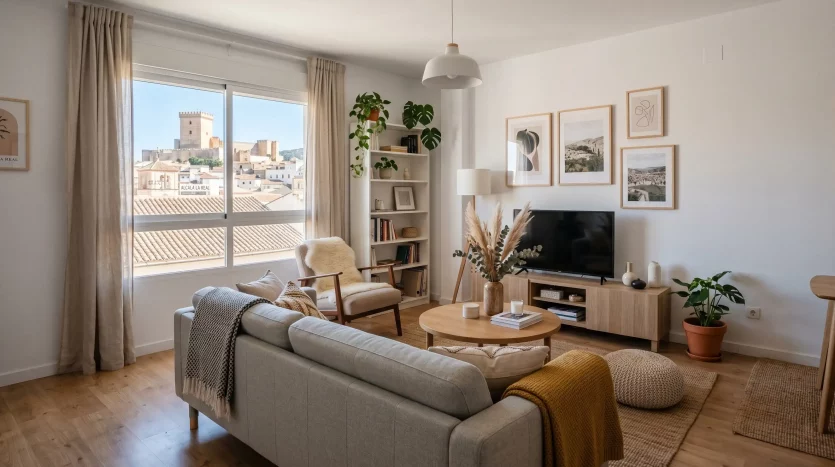 Salón moderno decorado con estilo nórdico en un piso de alquiler en Alcalá la Real.