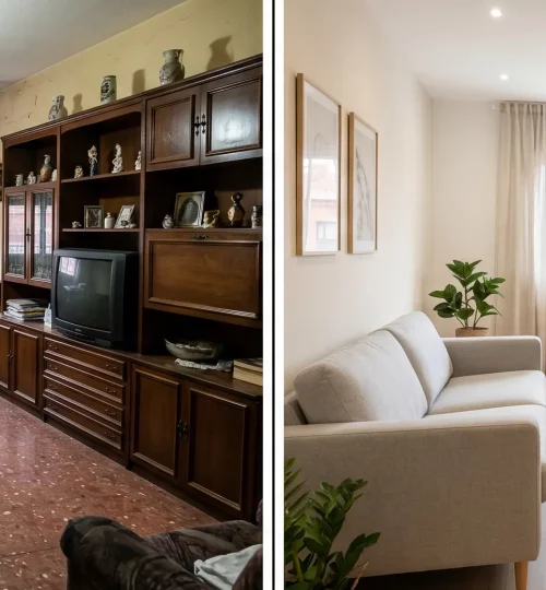 Comparativa de una estancia antes y después de mejoras estéticas para la venta.