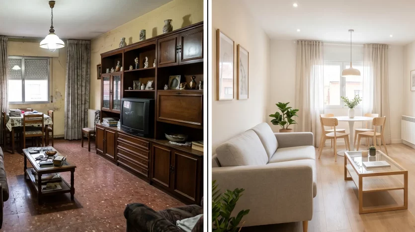 Comparativa de una estancia antes y después de mejoras estéticas para la venta.