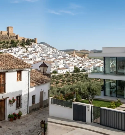 Comparativa visual entre una casa blanca tradicional de tejado cerámico y una villa de diseño moderno en Alcalá la Real, con la Fortaleza de la Mota al fondo.