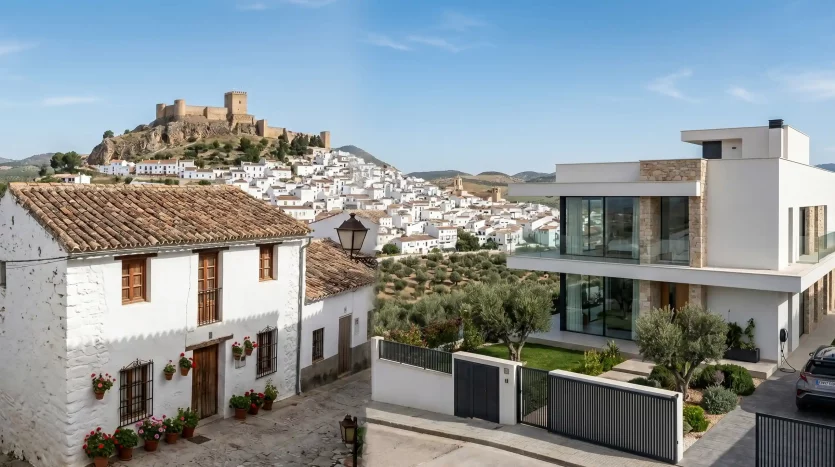 Comparativa visual entre una casa blanca tradicional de tejado cerámico y una villa de diseño moderno en Alcalá la Real, con la Fortaleza de la Mota al fondo.