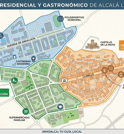 Mapa residencial y gastronómico de Alcalá la Real que muestra las zonas Centro, Las Cruces, Consolación y Norte para comprar casa.