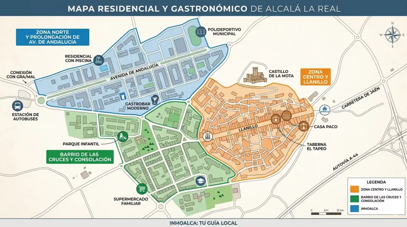 Mapa residencial y gastronómico de Alcalá la Real que muestra las zonas Centro, Las Cruces, Consolación y Norte para comprar casa.