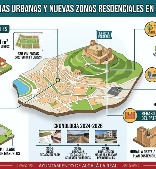 Infografía de las mejoras urbanas y nuevas zonas residenciales en Alcalá la Real 2026.