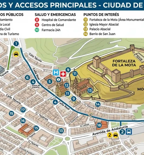 Mapa de servicios y accesos principales en la ciudad de Alcalá la Real.