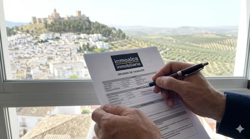 écnico de Inmoalca realizando tasación profesional con vistas al olivar en Alcalá la Real.