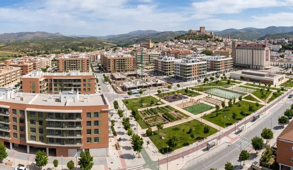 Edificios modernos y zonas de expansión residencial en el barrio del Silo, Alcalá la Real.