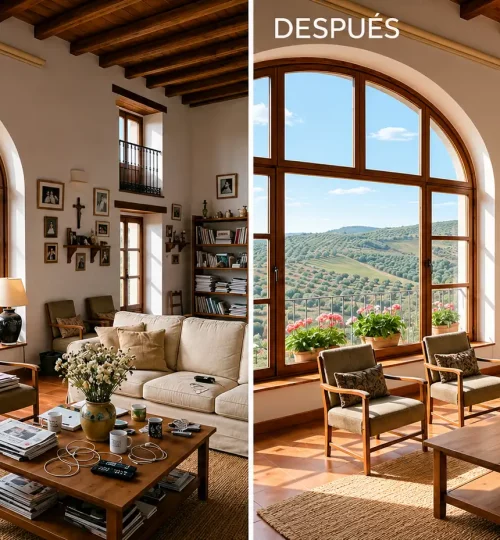 Comparativa de antes y después al preparar una vivienda para vender en Alcalá la Real, mostrando un salón ordenado y luminoso con vistas a los olivos de Jaén.