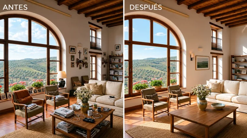 Comparativa de antes y después al preparar una vivienda para vender en Alcalá la Real, mostrando un salón ordenado y luminoso con vistas a los olivos de Jaén.