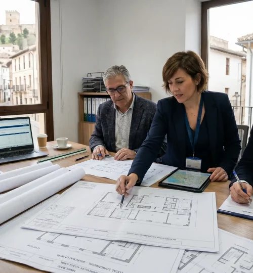 Asesores inmobiliarios de Inmoalca analizando planos de locales comerciales en Alcalá la Real.