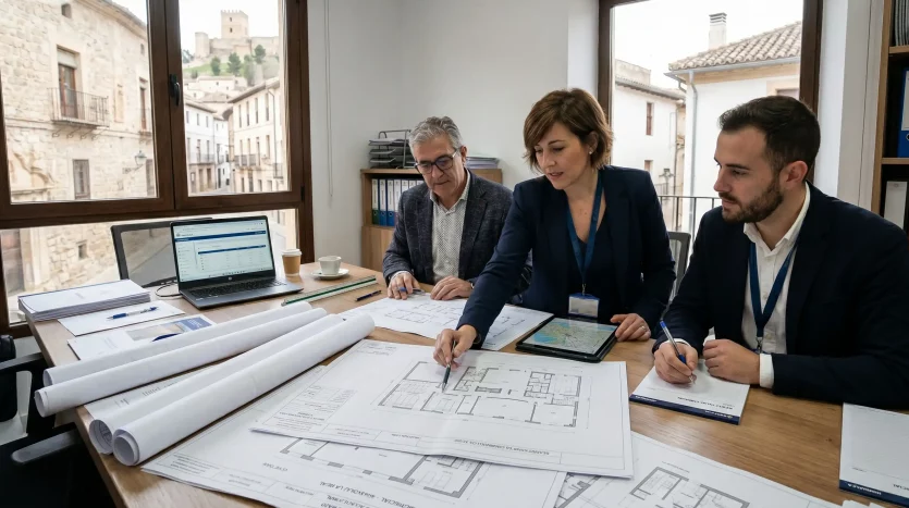 Asesores inmobiliarios de Inmoalca analizando planos de locales comerciales en Alcalá la Real.