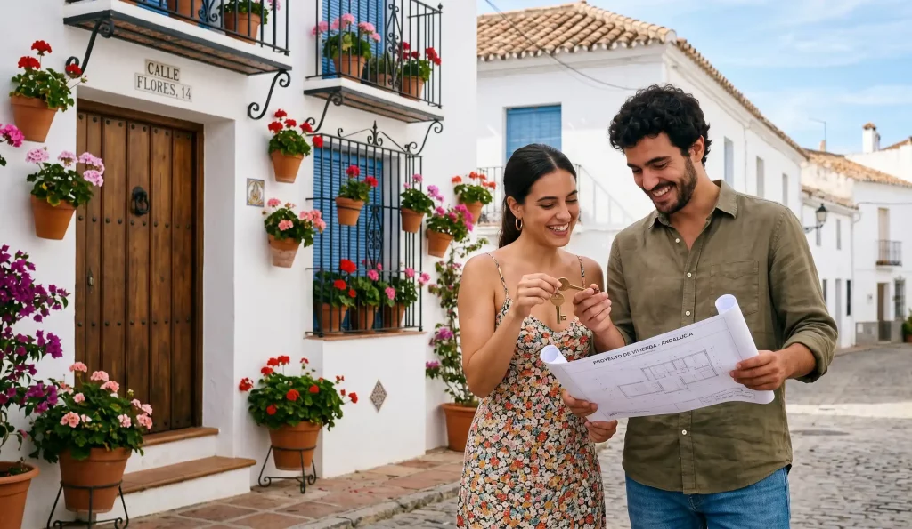 Pareja joven beneficiándose de las ayudas para la compra de vivienda en Andalucía en Alcalá la Real.
