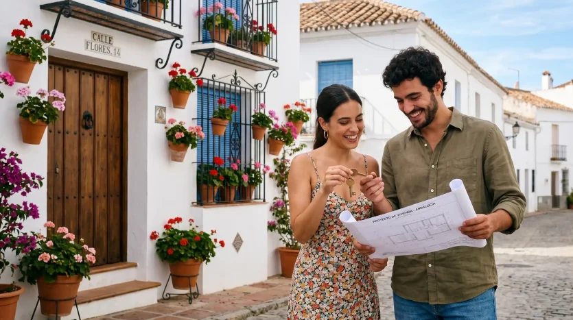Pareja joven beneficiándose de las ayudas para la compra de vivienda en Andalucía en Alcalá la Real.
