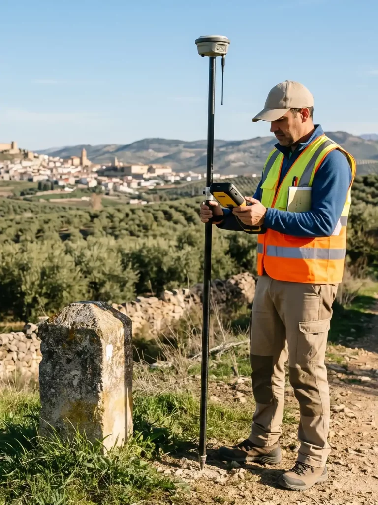Técnico midiendo con GPS para el deslinde de fincas rústicas en Alcalá la Real, Jaén.