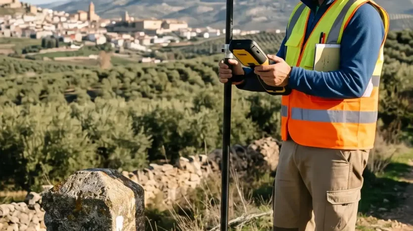Técnico midiendo con GPS para el deslinde de fincas rústicas en Alcalá la Real, Jaén.