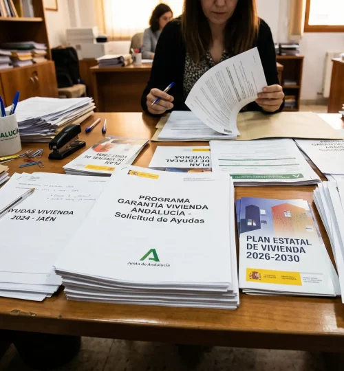 Asesora de Inmoalca gestionando documentos del Programa Garantía Vivienda Andalucía y Plan Estatal de Vivienda para clientes en Alcalá la Real.