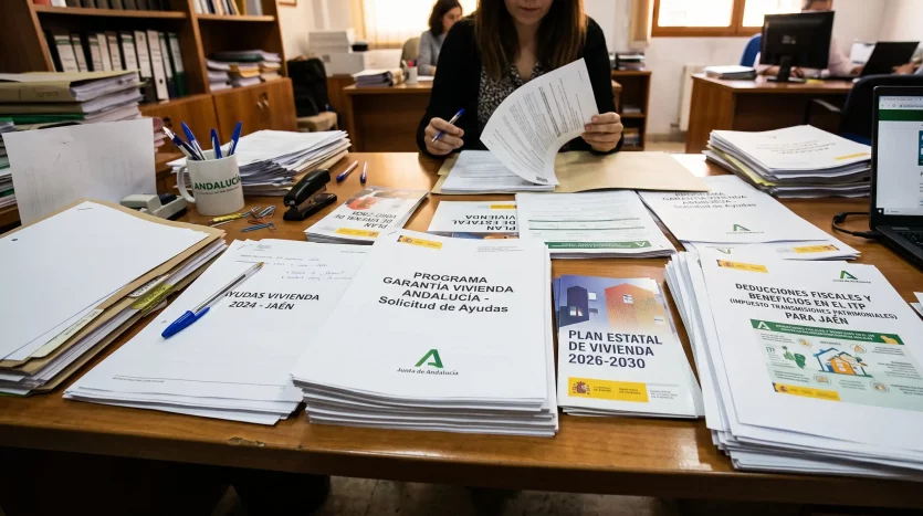Asesora de Inmoalca gestionando documentos del Programa Garantía Vivienda Andalucía y Plan Estatal de Vivienda para clientes en Alcalá la Real.